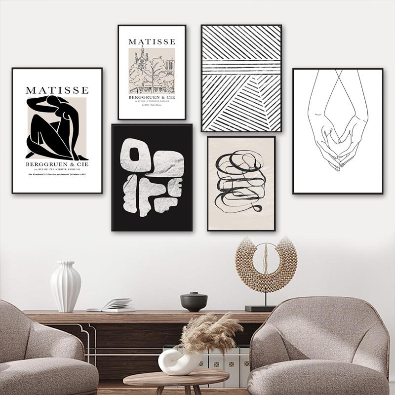 Nordic Abstract Geometry Pattern Canvas Painting Black Beige Wall Art Pictures Print Matisse Line Woman Poster Modern Home Decor