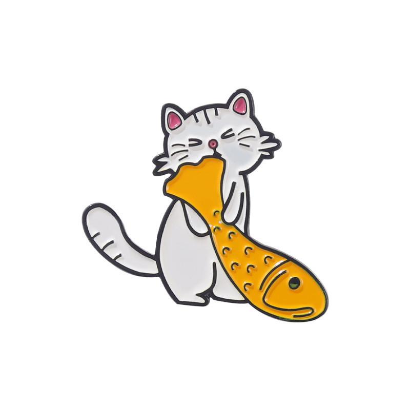 Cat Adorable Cartoon Brooch Cute Animal Design With Fish For Bags And Clothes Accessories