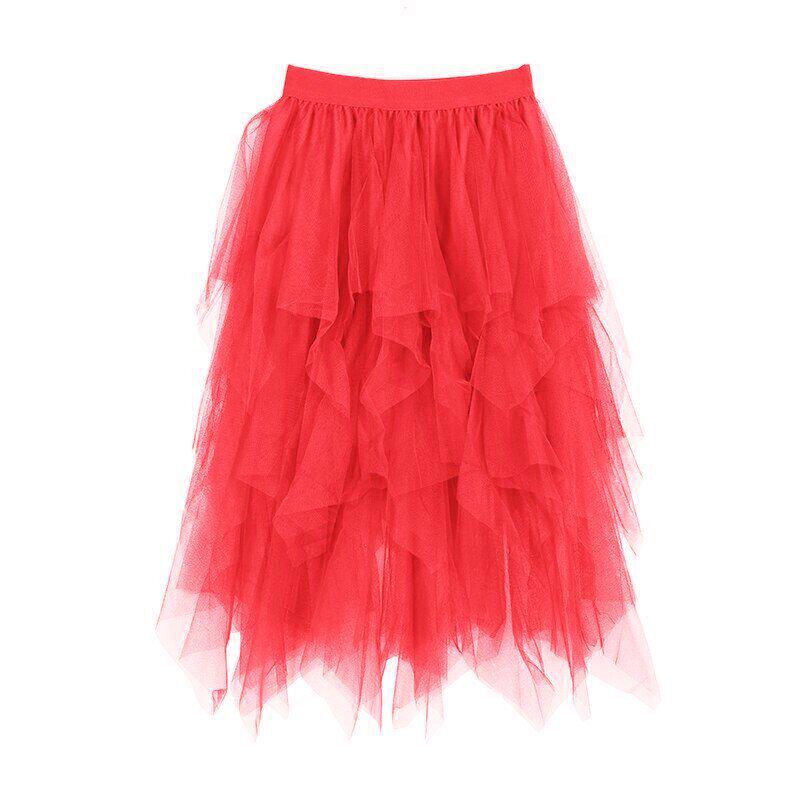 Women's High-Waisted Irregular Mesh Layered Skirt - Mid-Length Slimming Fairy Fluffy Design