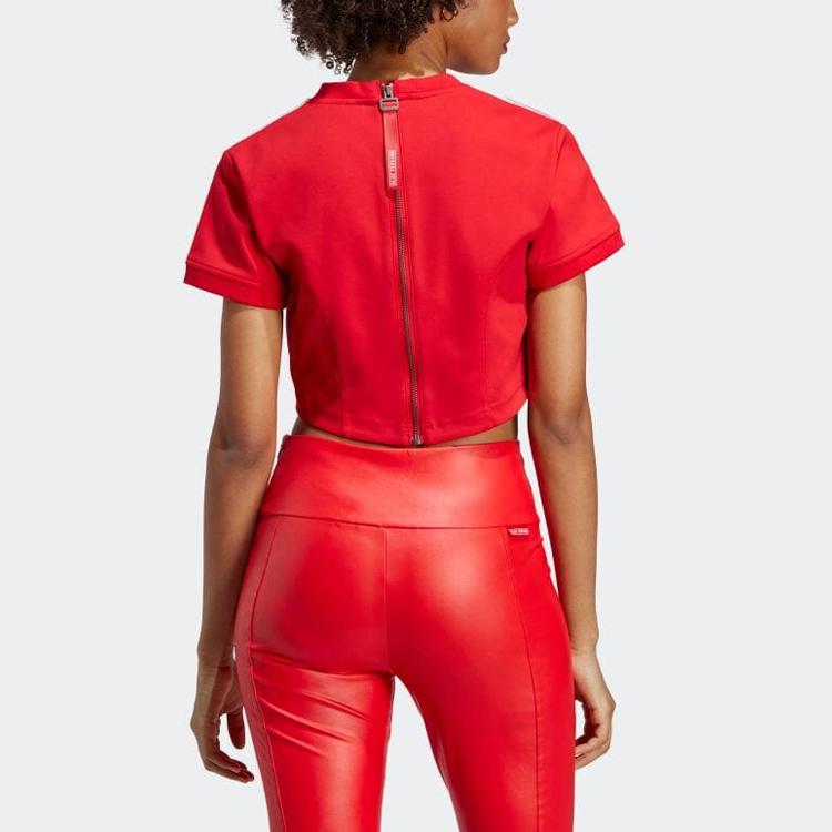 Adidas Originals Trefoil Striped Patchwork Logo Crop Top Women Tops Blue Crimson IB4549