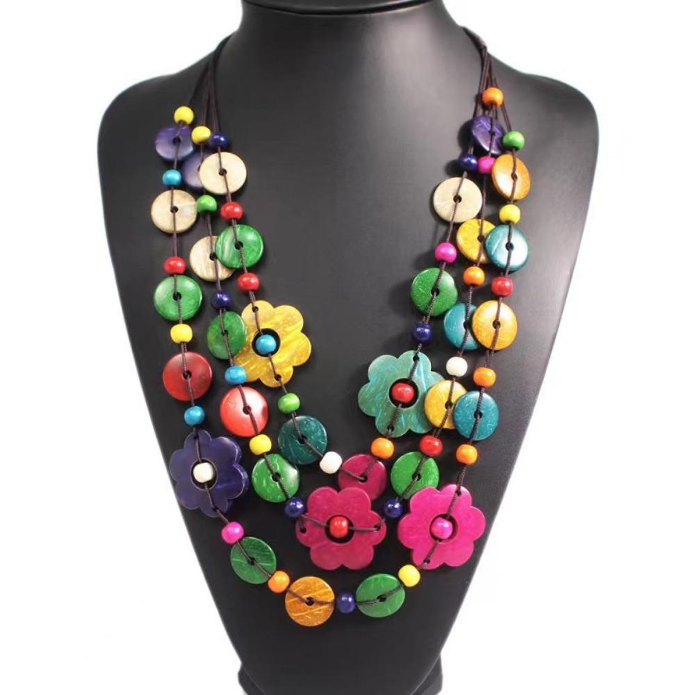 

Multi Layer Colorful Petal Bead Necklace Petal String Coconut Husk Bohemian Maxi Necklace Fashion Wood Tassel
