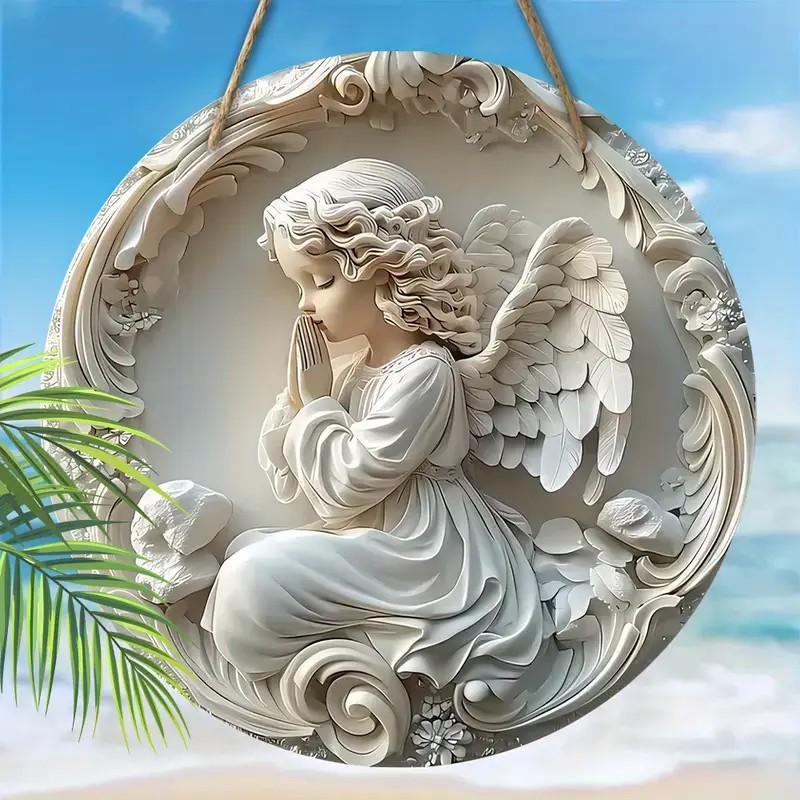 1 adet 2D Noel Melek Kanatları Kale Vaftiz Umut Akrilik 20cm/7.87 İnç Yuvarlak Duvar veya Kapı Dekorasyonu, Şükran Günü