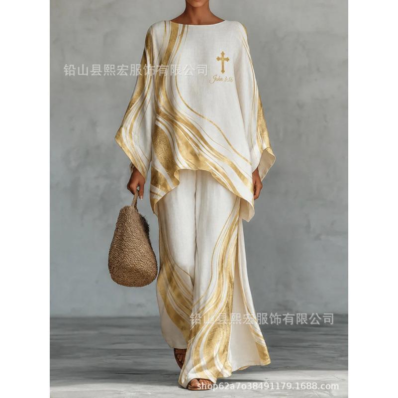 European and American loose bat sleeve top + wide-leg trousers set 1116 European and American women's clothing two-piece set