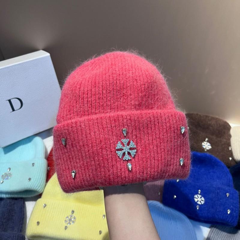 Winter Warm Knit Hat Rabbit Fur Faux Snowflake Rhinestone Earflap Beanie Fashionable Soft