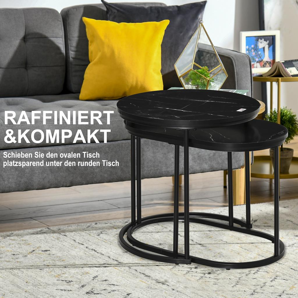 Set di tavolini con struttura in acciaio e piano in finto marmo, Set moderno di 2 tavolini da caffè, Nero/Bianco