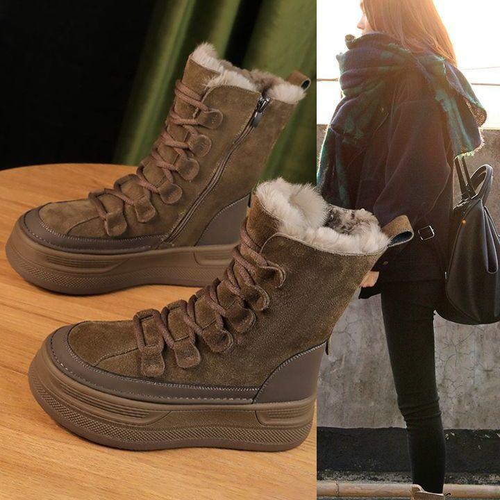 

Модные ботинки для путешествий на открытом воздухе, женские замшевые ботинки для альпинизма, толстые меховые ботинки до середины голени, зимние ботинки 2025 года на платформе из хлопка 38 хаки