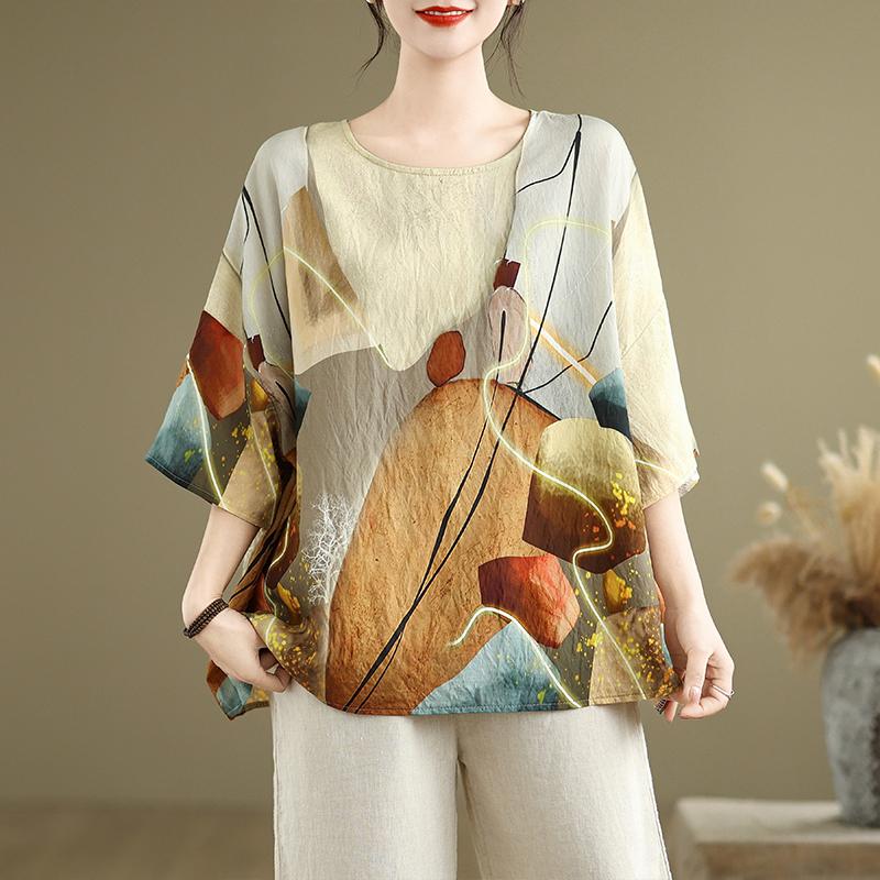 

DIMANAF 2024 летние женские футболки больших размеров с цветочным принтом, элегантные топы с рукавами «летучая мышь», футболки, свободная повседневная льняная рубашка 91706 One Size