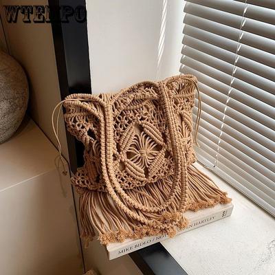 Borsa intrecciata in paglia, design rétro traforato, fatta a mano, a spalla o crossbody, per tempo libero e vacanze al mare
