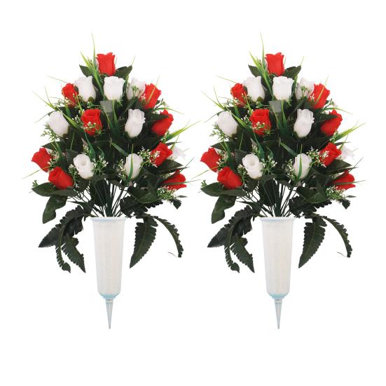 2 Pcs Artificial Cemetery Flowers Outdoor Gravestone Faux Rose Flower with Vase Graveyard Memorial Bouquet for Cemetery Headstones Decoration