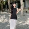 Hepburn Vacation Design Black and White Splicing Reflective Sequins Sleeveless Dress Women's Sexy Big Halter Pendant Long Dress