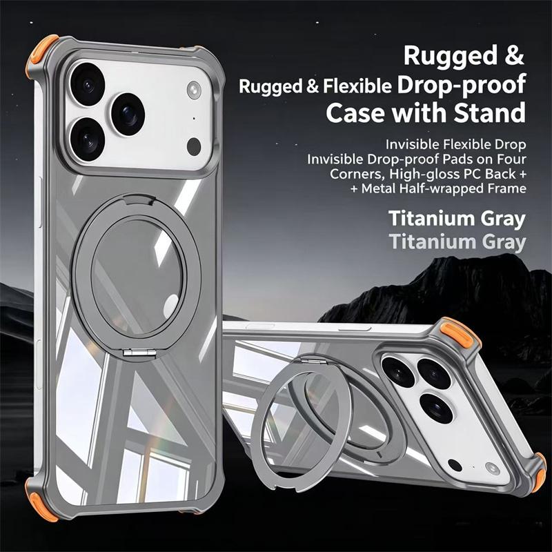 For iPhone 17 16 15 14 13 Pro Max Transparent Aluminum Alloy Frame Phone Case For Magsafe 360° Rotate Magnetic Shockproof Cover
