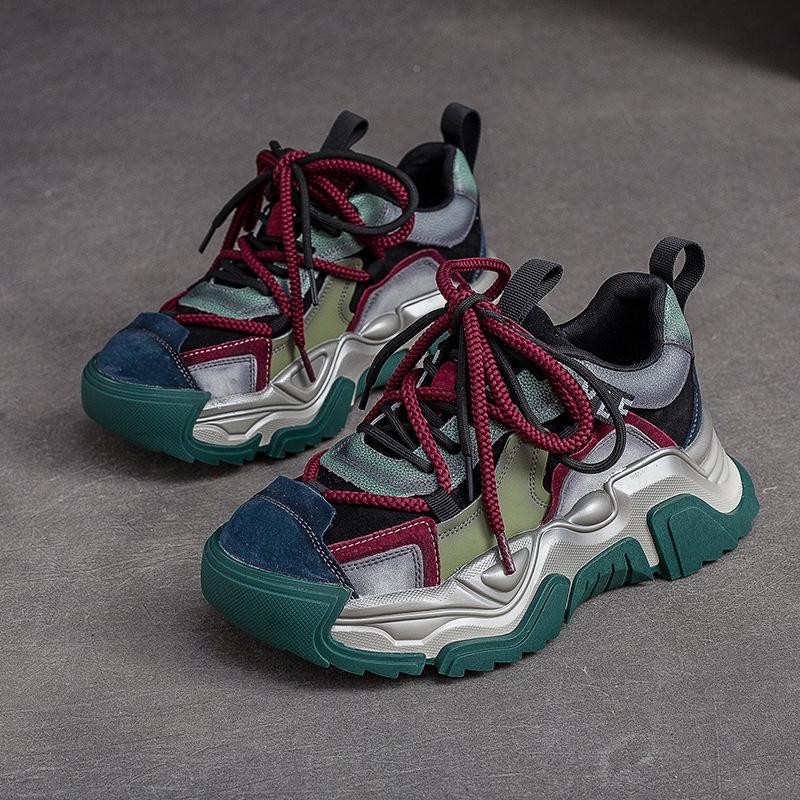 Johnature Casual Flat Shoes Women Sneakers Genuine Leather Mixed Colors Retro Comfortable Thick Sole Platform Sneakers