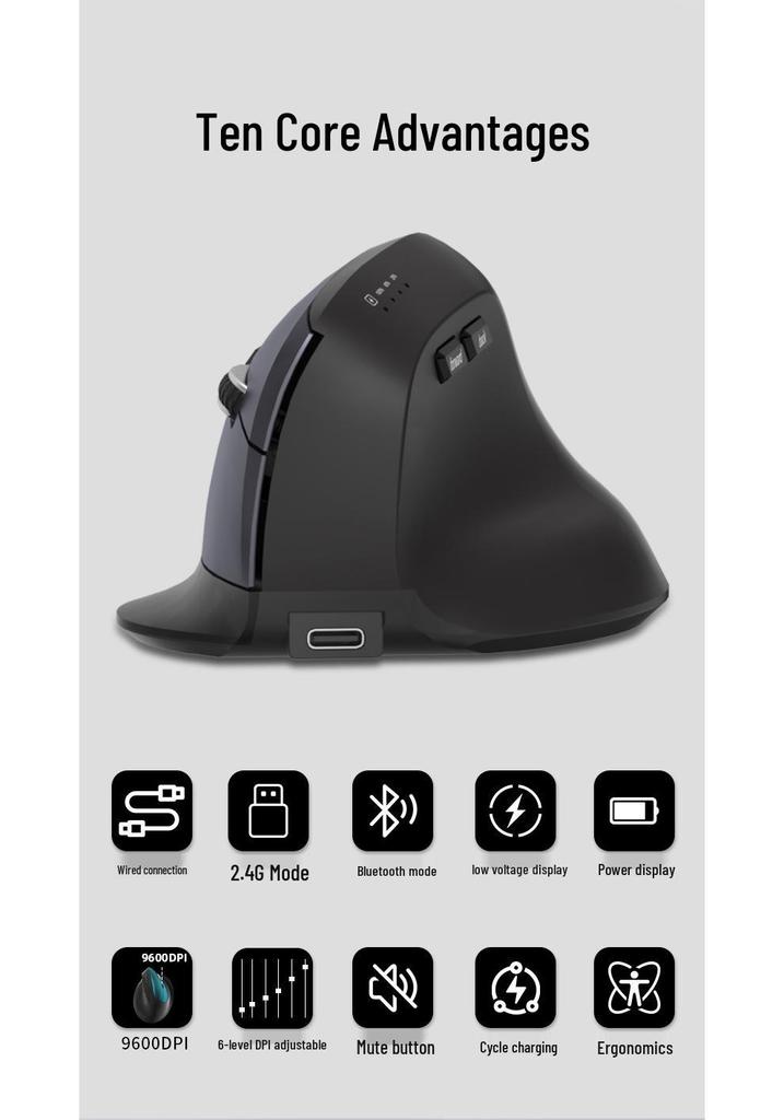 Ergonomic Tri-Mode Silent Vertical Mouse with 2.4G Wireless & Charging Capability