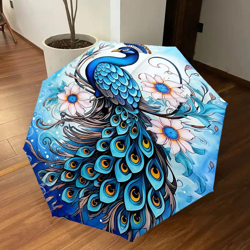 1PC Peacock Flowers Automatic Open/Close Umbrella Compact Folding Umbrella with 8-Rib Shaft lightweight esign, Highquality Fabric1215A