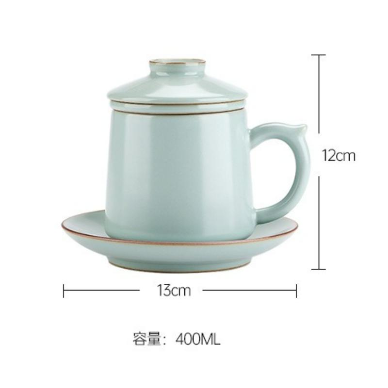 Chinese Style Ru Kiln Office Cup Ceramic Tea Water Separation Office Cup Large Capacity Mug with Lid Household Drinkware Cup