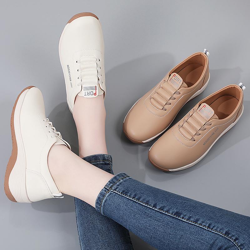 Women Platform Loafers Casual Elegant Leather Khaki Sneakers Thick Sole Height Increase Shake Shoes Large Size