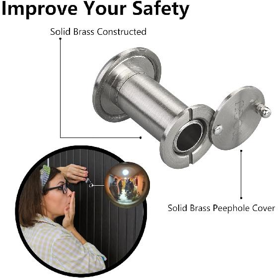 TOGU 220-Grad-Spionloch aus massivem Messing für Türen mit 16-mm-Bohrer, 0,63 Zoll Türspionloch mit Sichtschutz, Kompatibel mit Türstärken von 1-3/8" bis