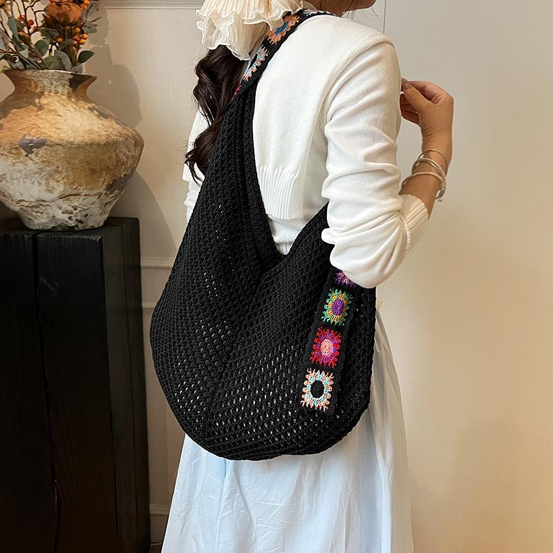 Large Capacity Crochet Tote Bag Ethnic Style Hollow Out Woven Bag Embroidered Strap Knitting Handbag For Female Travel AVE