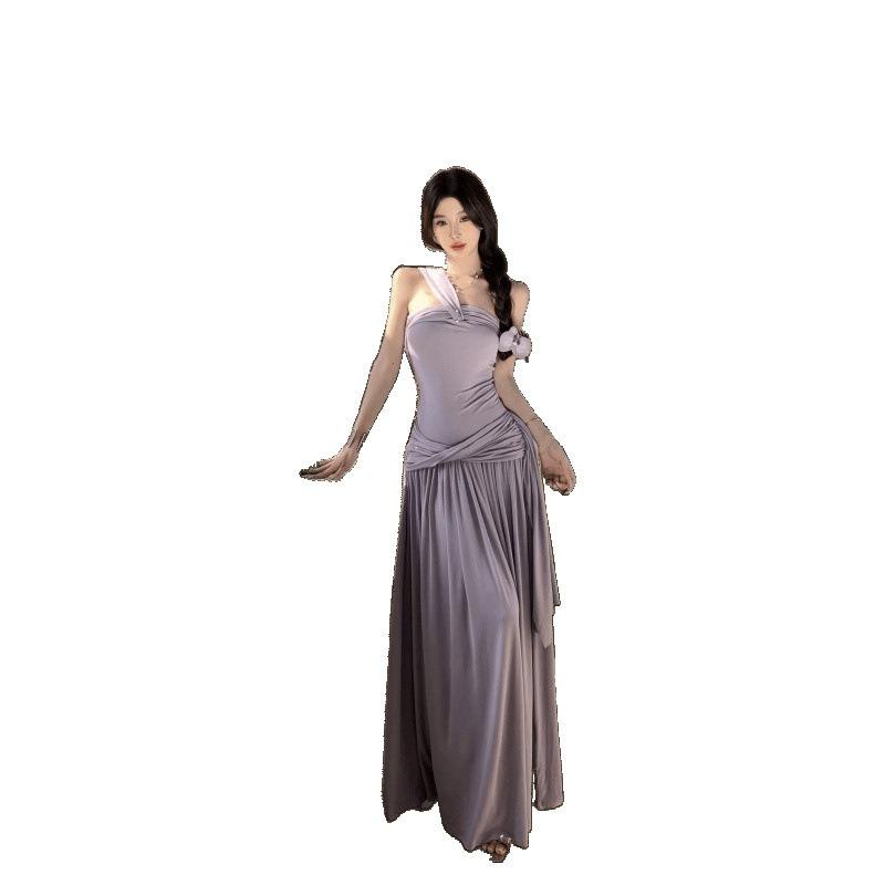 Spice Girl Sexy Design Purple Long Dress Waist Tube Top Hanging Neck Sling Slanted Shoulder Big Swing Dress Women's Summer