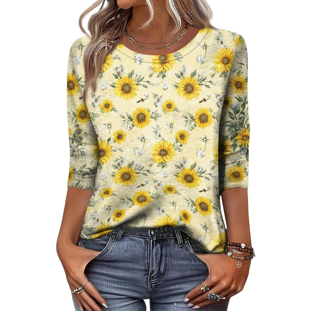 Women's Fashion Casual Round Neck 3/4 Sleeve Loose Printed T-Shirt Ladies Top