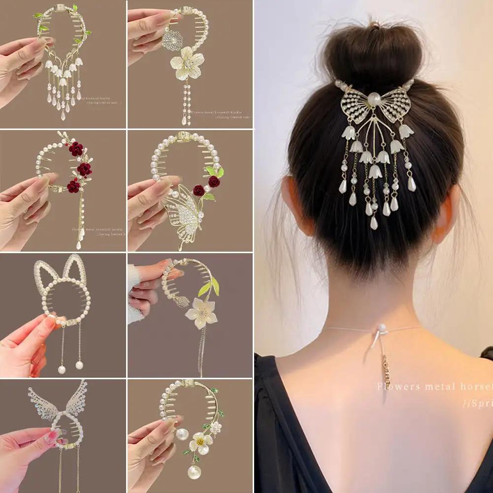 Elegant Tassel Hair Claw Rhinestone Pearl Flower Tassels Hair Clip Women Girl Ponytail Holder Hairpins Fringe Hair Accessories