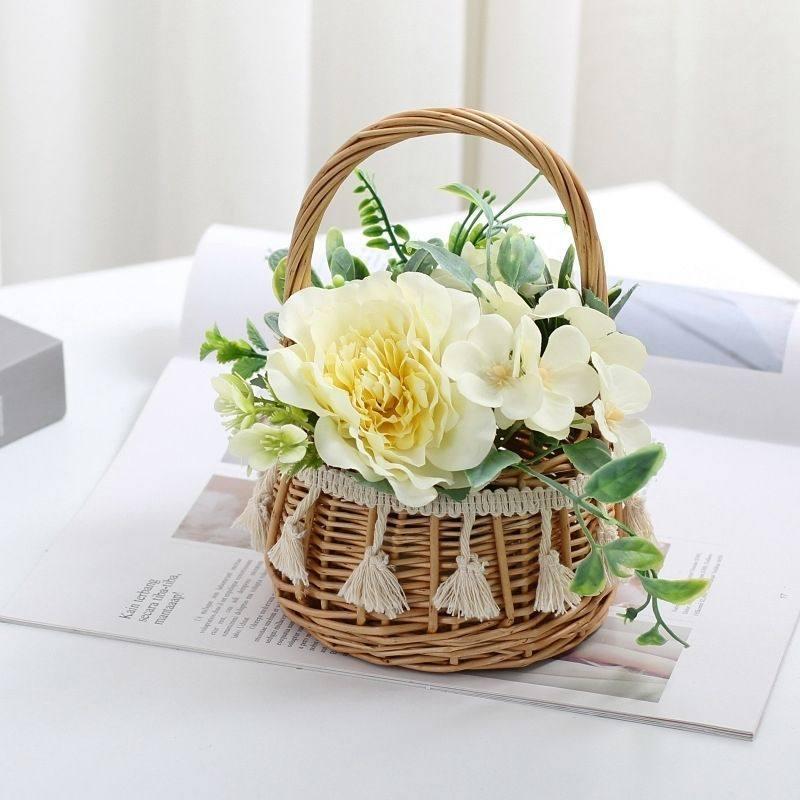 Korean Pastoral Silk Flowers In Handmade Woven Basket for Living Room or B&B Decor