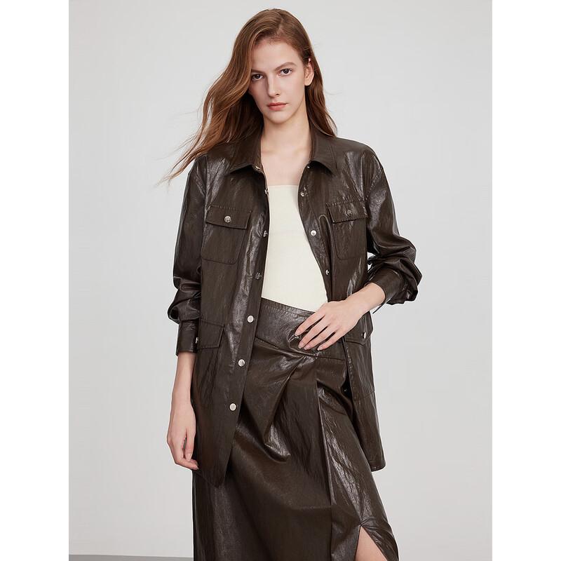 ELLE Women s Modern PU Leather Mid-Length Coat S