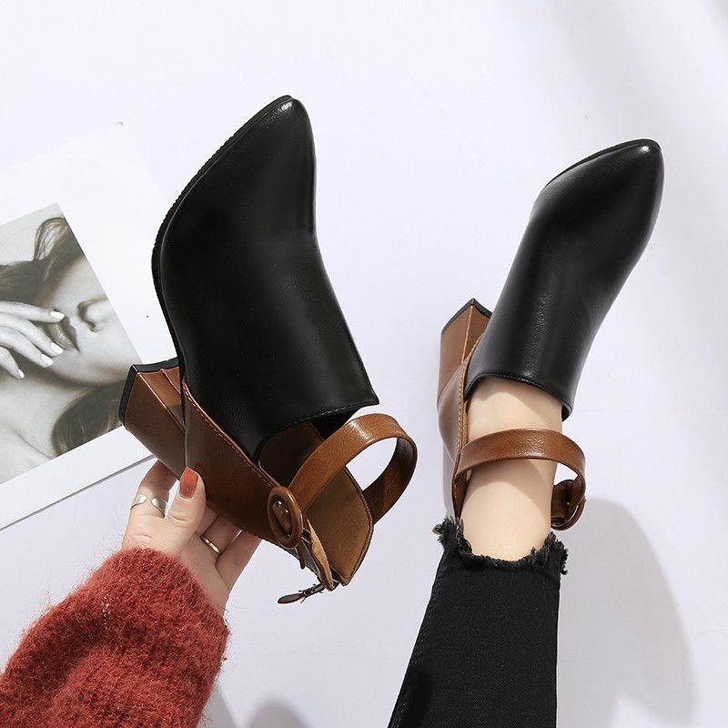 Pointed Toe Heeled Ankle Boots for Women Spring Autumn Color Blocking Woman Short Shoes On Promotion Large Size Warm Pu Booties