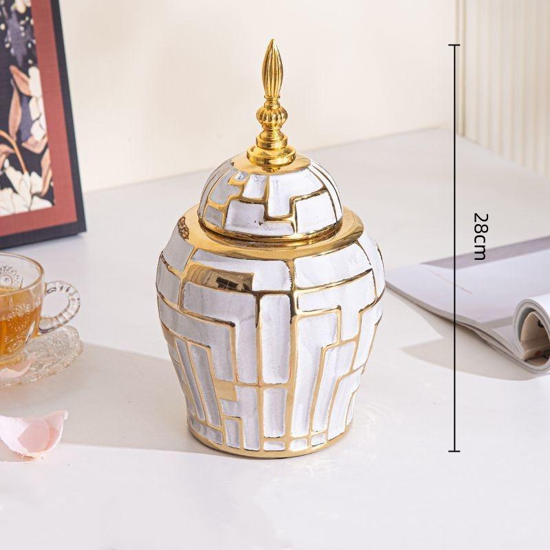 Geometric Golden Striped Ceramic Vase General's Jar with Lid Sealed Storage Tank Ginger Jar Flower Vase Home Decoration