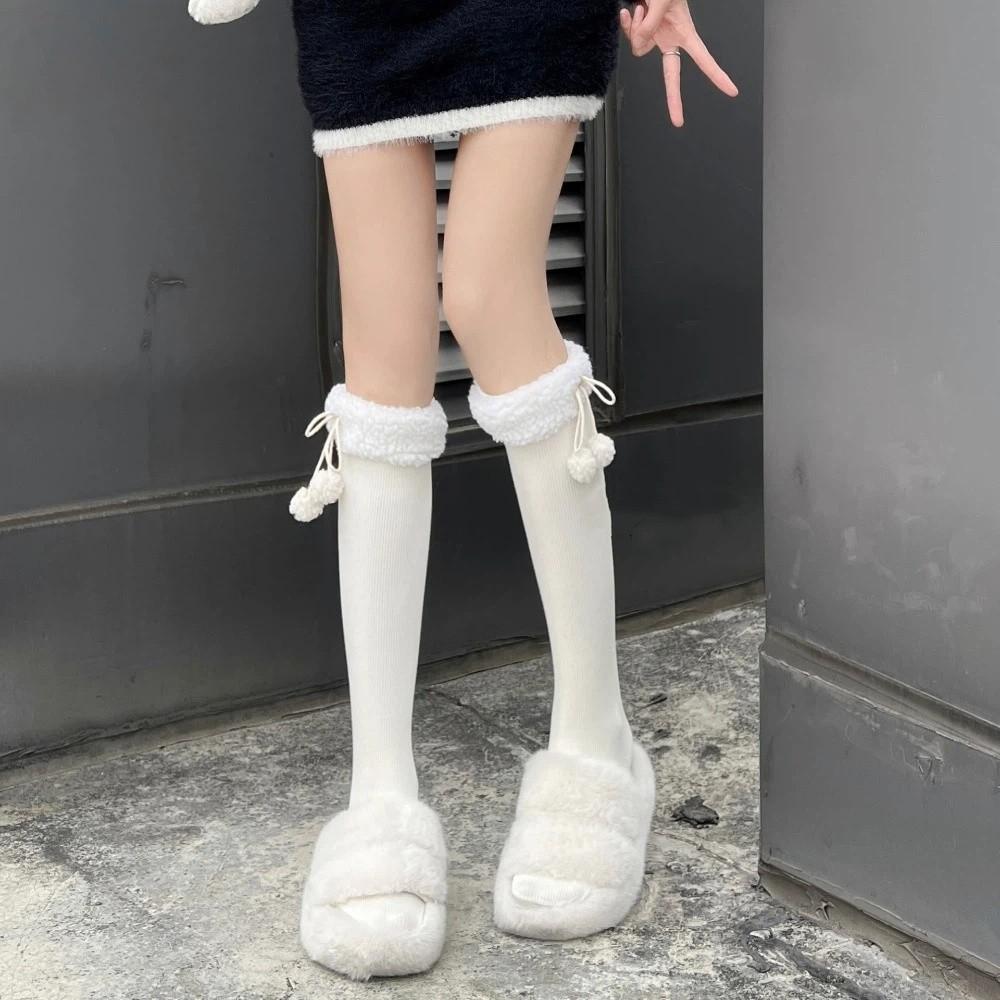 1 Pair Wool Ball Knee High Socks Vertical Stripe Plush Stockings Cute Over Knee Socks Women Girl