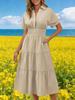 Womens V Neck Smocked Maxi Dress Short Sleeve Flowy Tiered Dress With Pockets