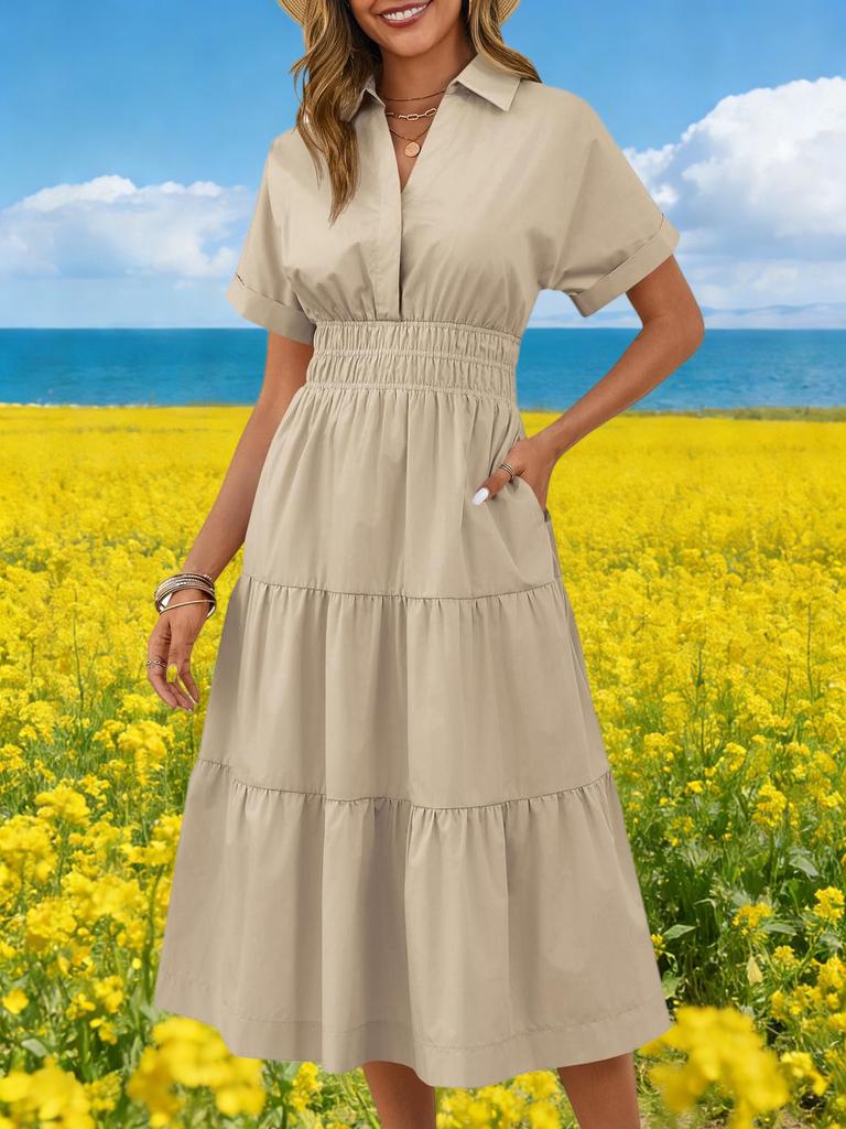 Womens V Neck Smocked Maxi Dress Short Sleeve Flowy Tiered Dress With Pockets