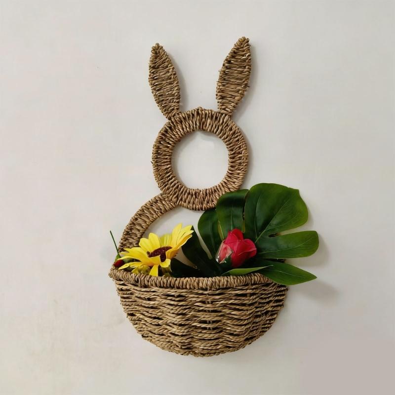 Handwoven Rabbits Ear Shape Flower Basket Natural Rattan Breathable Flower Holder for Home Decors and Storage