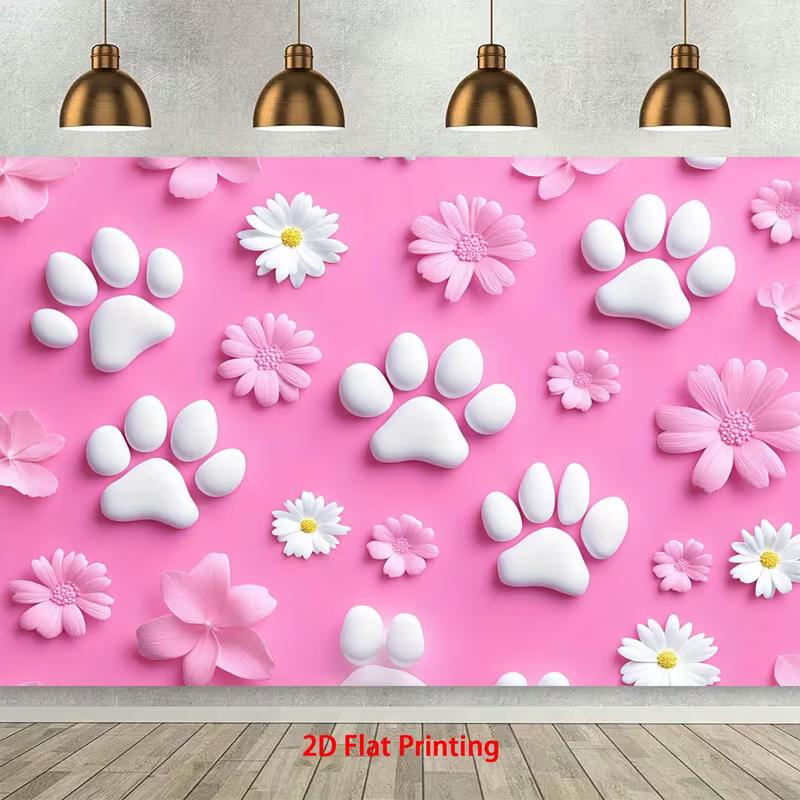 2D Pink Paw Print Backdrop Daisy Flower Pet Birthday Party Background