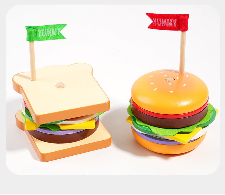 Children's Wooden Hamburger & Sandwich Assembly Toy Set