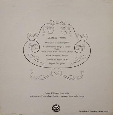 LP Record HERBERT FROMM - Transience, A Cantata / Six Shakesp LLST7241 Lyrichord US Classical Used