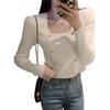 Autumn New Korean Version of Square Neck Dew Collarbone Sweet Long-sleeved Shirt Love Double-breasted Knitted Sweater Women