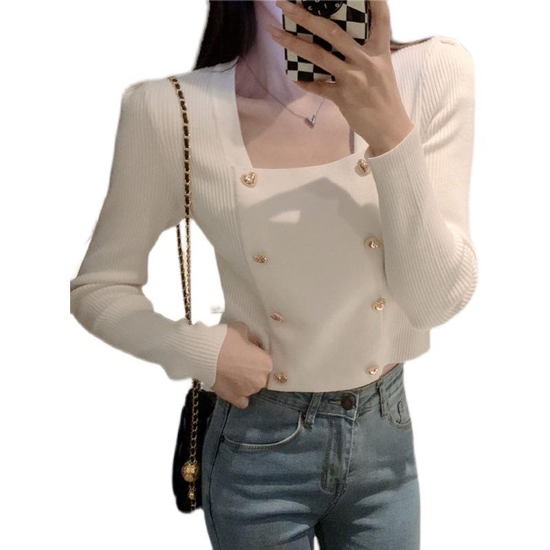 Autumn New Korean Version of Square Neck Dew Collarbone Sweet Long-sleeved Shirt Love Double-breasted Knitted Sweater Women