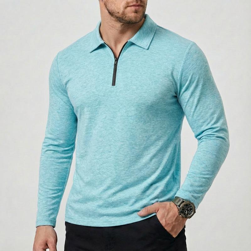 Men Turn Down Collar Half Zip Long Sleeve Polo Shirt Slim Fit Solid Casual Business Tops