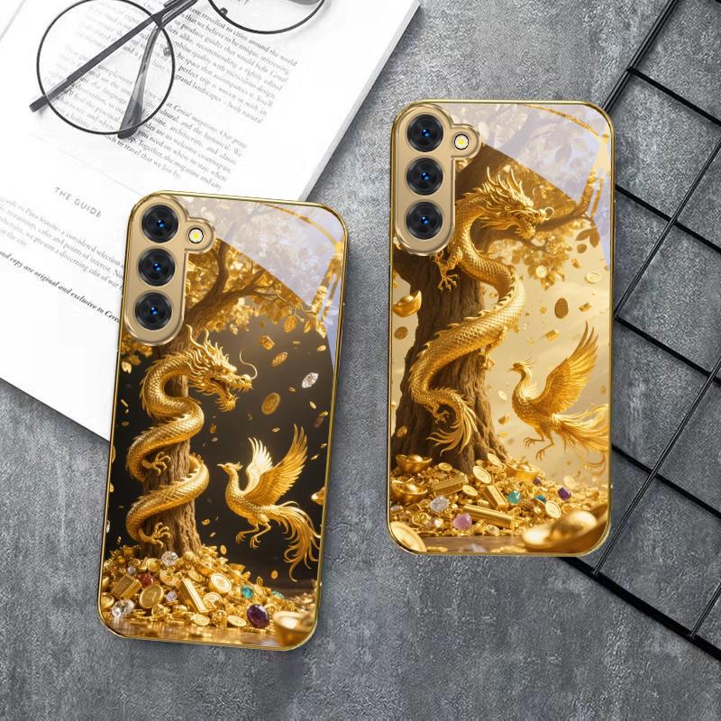 Golden Dragon Coiling For Samsung Galaxy S20 FE S21 S22 S23 Plus S24 Ultra S25Ultra S21+ S9+ S22Plus Golden glass phone case
