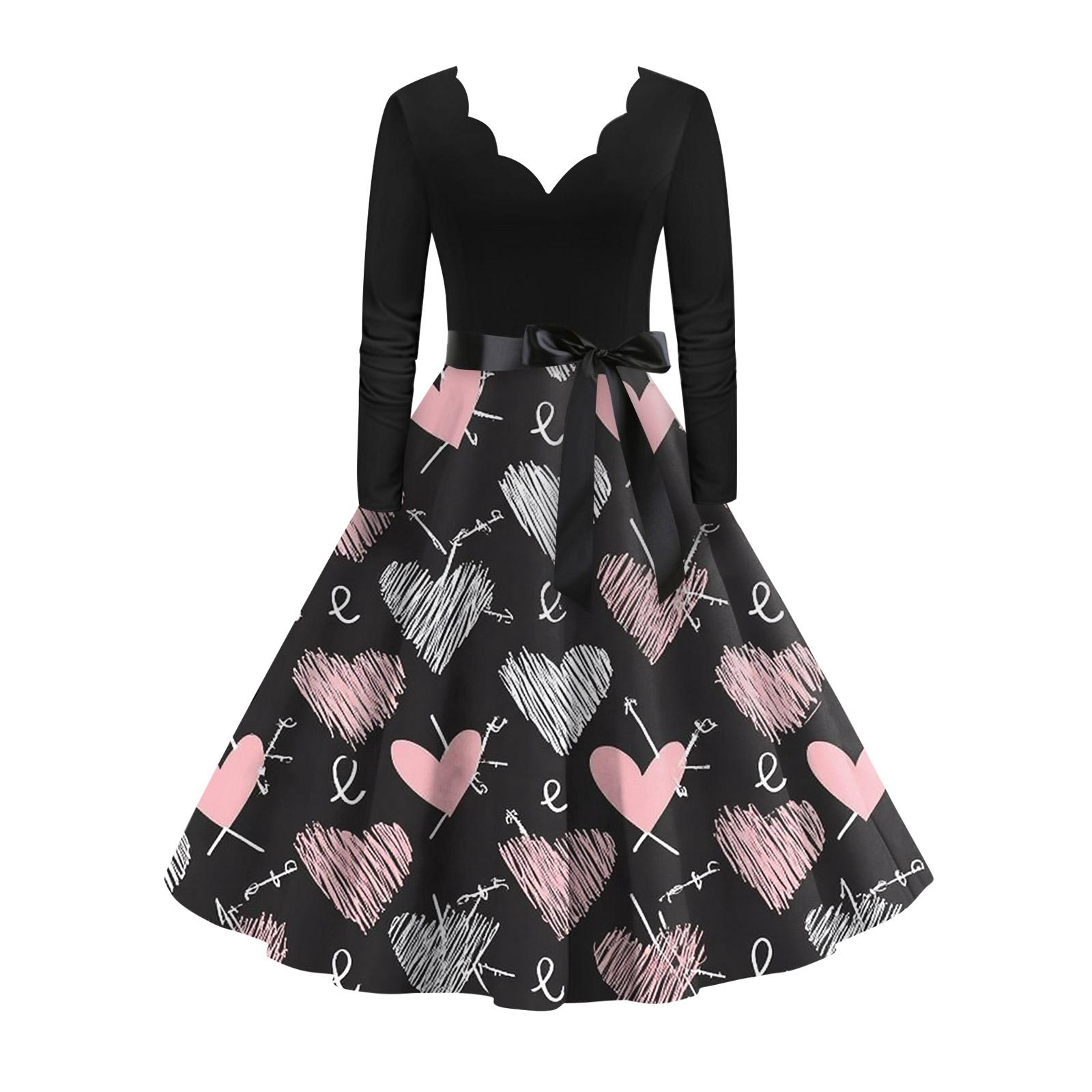 

Women s stylish and elegant long,sleeved V,neck heart,shaped dress for Valentine s Day XXL
