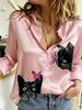 Women Cute Cat Butterfly Graphic Print Lapel Collar Long Sleeve Shirt Loose Button Down Casual Office Blouse Tops