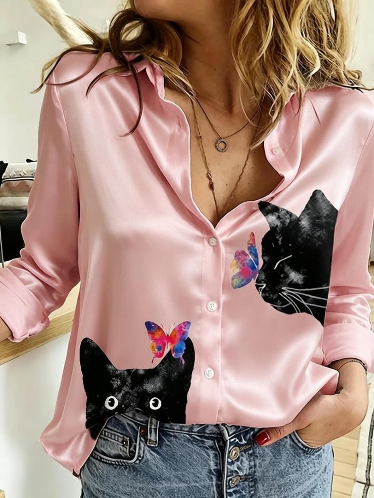 Women Cute Cat Butterfly Graphic Print Lapel Collar Long Sleeve Shirt Loose Button Down Casual Office Blouse Tops
