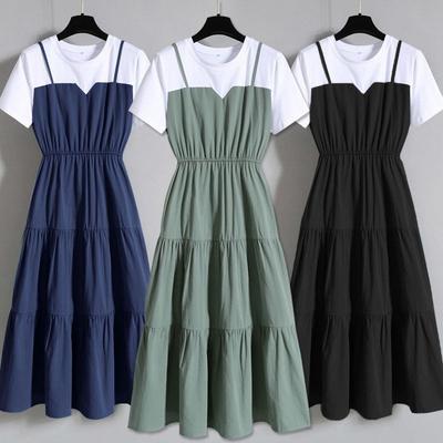 Large Size Women's Clothing Fashion Suspender Fake Two-piece Long Dress Summer Fat Sister Waist Thin Short-sleeved Dress Women