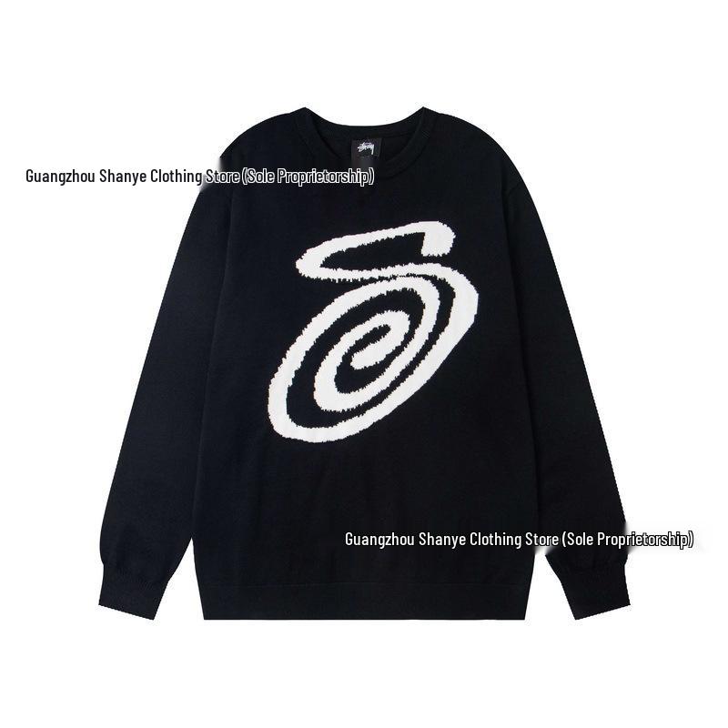 European & American Stüssy Arc Pattern Jacquard Round Neck Knit Sweater for Couples