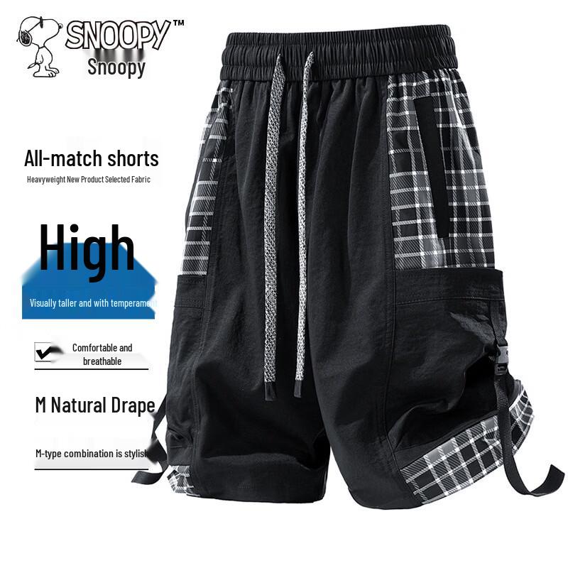 Snoopy Men s Summer Plaid Patchwork Cargo Shorts M
