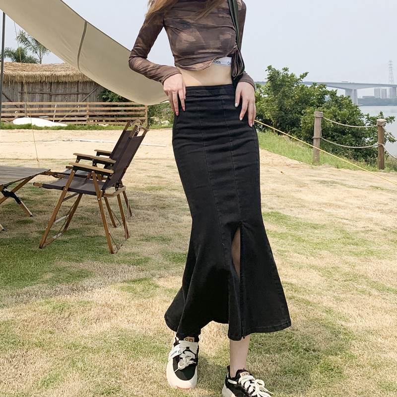 Plus Size Women's High Waist Stretch Denim Fishtail Midi Skirt