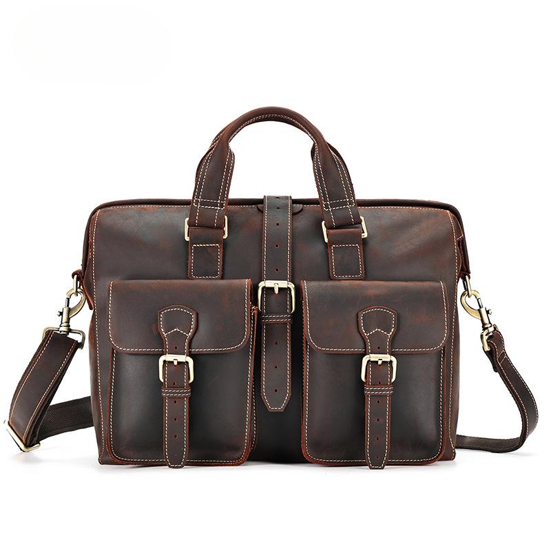 Genuine Leather Briefcase Men's Large Capacity One Shoulder Computer Bag Mad Horse Leather Vintage Hand-held Men's Business Bag