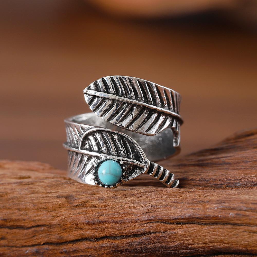 Personalized Retro Leaf Turquoise Open Adjustable Ring New Ethnic Style Trendy Vintage Jewelry