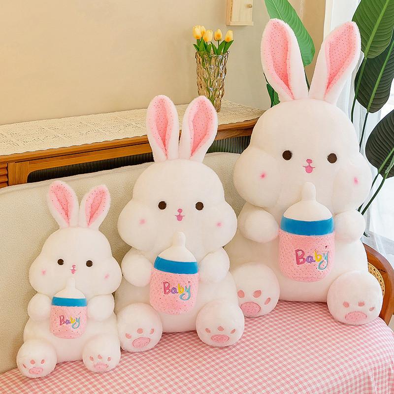 Adorable White Bunny Plush Toy With Milk Bottle Design Soft And Cuddly For Girls